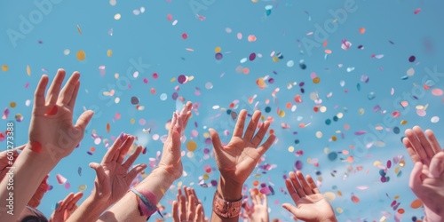 Fototapeta Naklejka Na Ścianę i Meble -  People hands rise up to celebrating party, sport winning, national event and holiday. Generative AI