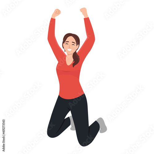 Excited woman rejoices and celebrates triumph, kneeling and raising hands up from joy. Joyful cheerful person winner with positive emotions. Flat vector illustration isolated on white background