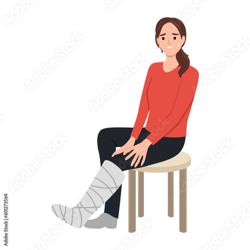 Woman with broken leg and crutch semi flat color vector character. Sitting figure. Full body person on white. Injury recovery. Flat vector illustration isolated on white background