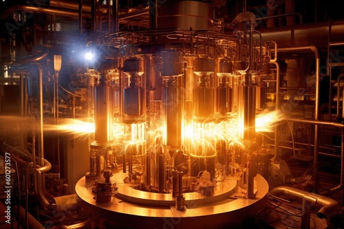 Theme of nuclear fusion. Large experimental setup in a laboratory with plasma being generated at high temperatures. Generative AI