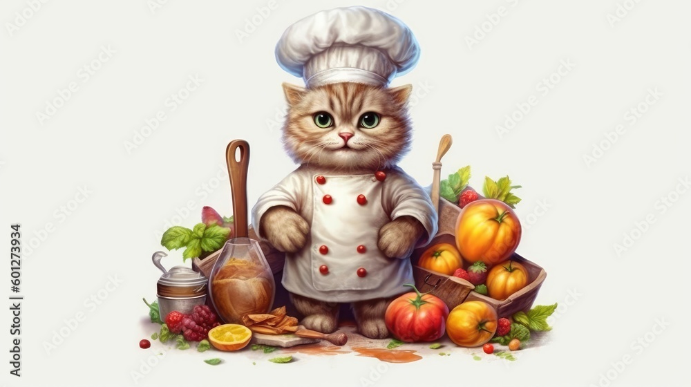 Chef Cat preparing food in the kitchen.Generative Ai