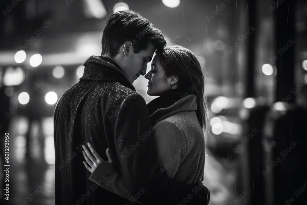 Young couple in love share a kiss on a rainy evening in B&W, black&white. Generative AI