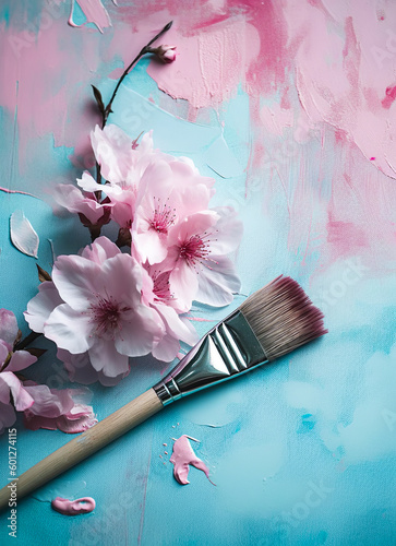 Make-up flat lay spring concept, make-up brush with fresh pink flower. Artist brush for applying eye shadow on a pastel blue background. Illustration, Generative AI.