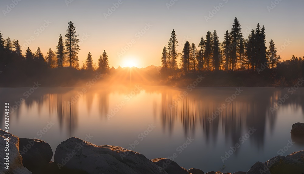 朝日が差し込む美しい湖の自然の風景