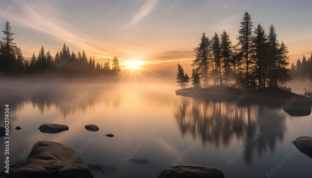朝日が差し込む美しい湖の自然の風景