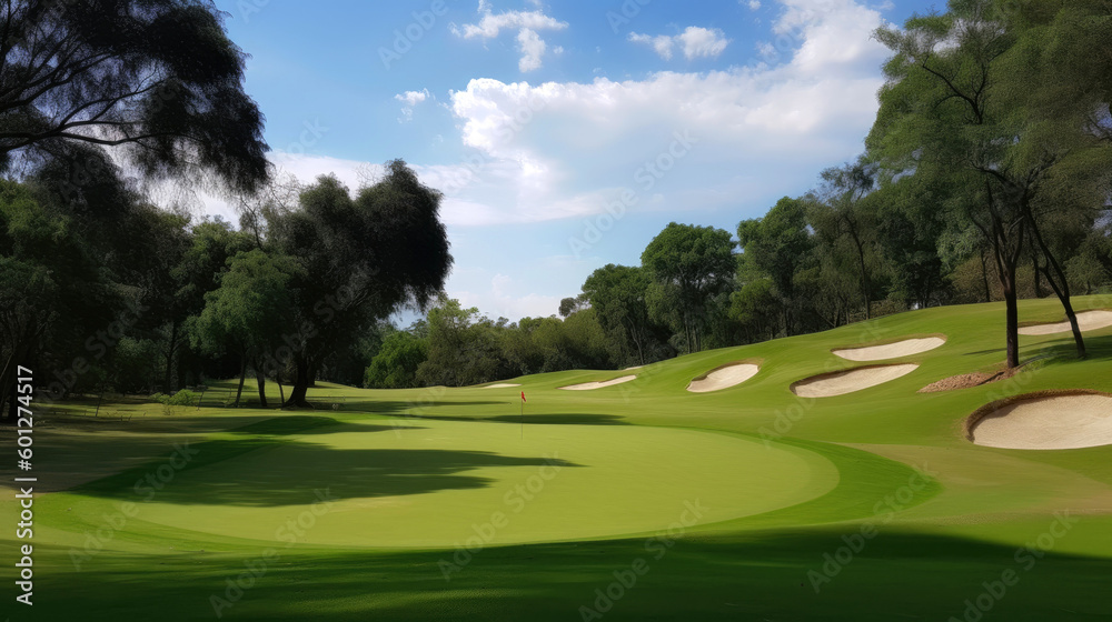 Golf course at sunny day. Generative AI