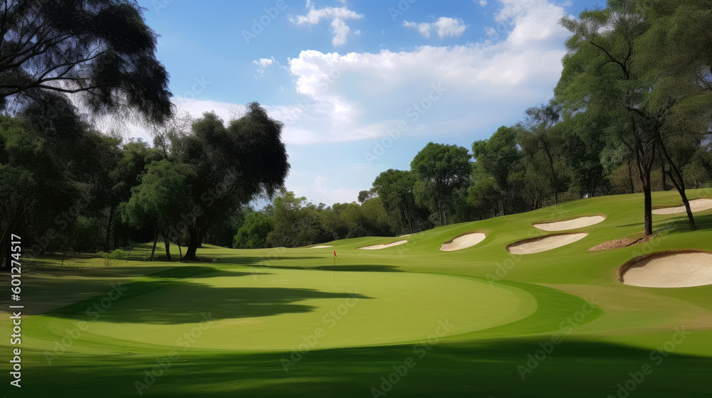 Golf course at sunny day. Generative AI Golf course at sunny day. Generative AI