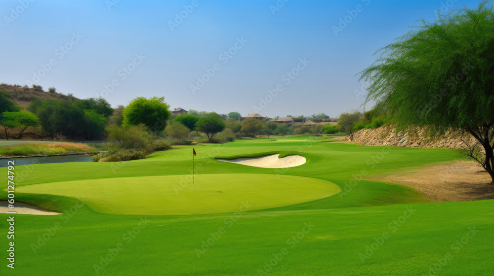 Obraz premium Golf course at sunny day. Generative AI