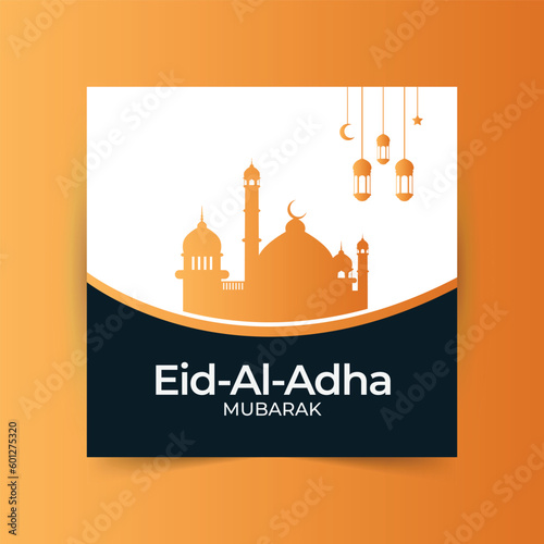 Eid al adha mubarak islamic festival social media banner design,Vector illustration islamic background with beautiful mosque, stars, moon and lanterns.