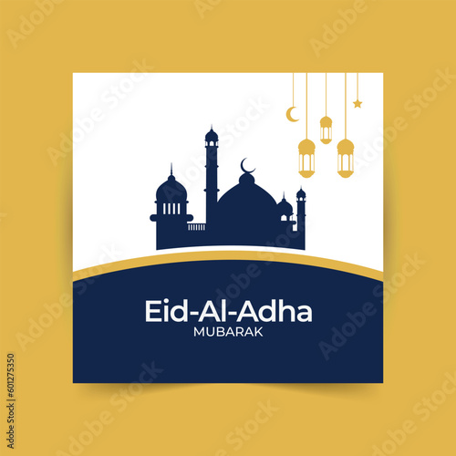 Eid Al Adha Mubarak social media banner. Vector illustration islamic background with beautiful mosque.
