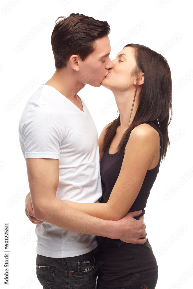 Happy, kiss and couple with love, relationship and romance isolated against a white studio background. Partners, man and woman kissing, romantic and happiness with marriage, commitment and support Happy, kiss and couple with love, relationship and romance isolated against a white studio background. Partners, man and woman kissing, romantic and happiness with marriage, commitment and support
