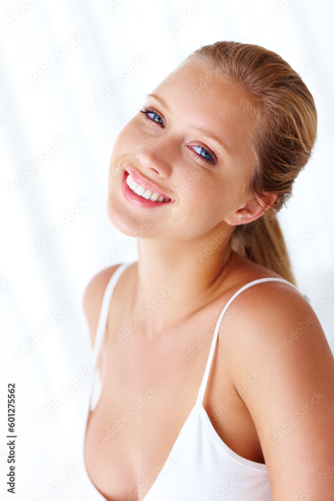 Portrait, smile and woman with beauty, cosmetics and confident girl isolated against a white studio background. Face, female person and happy model with positivity, carefree and happiness with mockup Portrait, smile and woman with beauty, cosmetics and confident girl isolated against a white studio background. Face, female person and happy model with positivity, carefree and happiness with mockup
