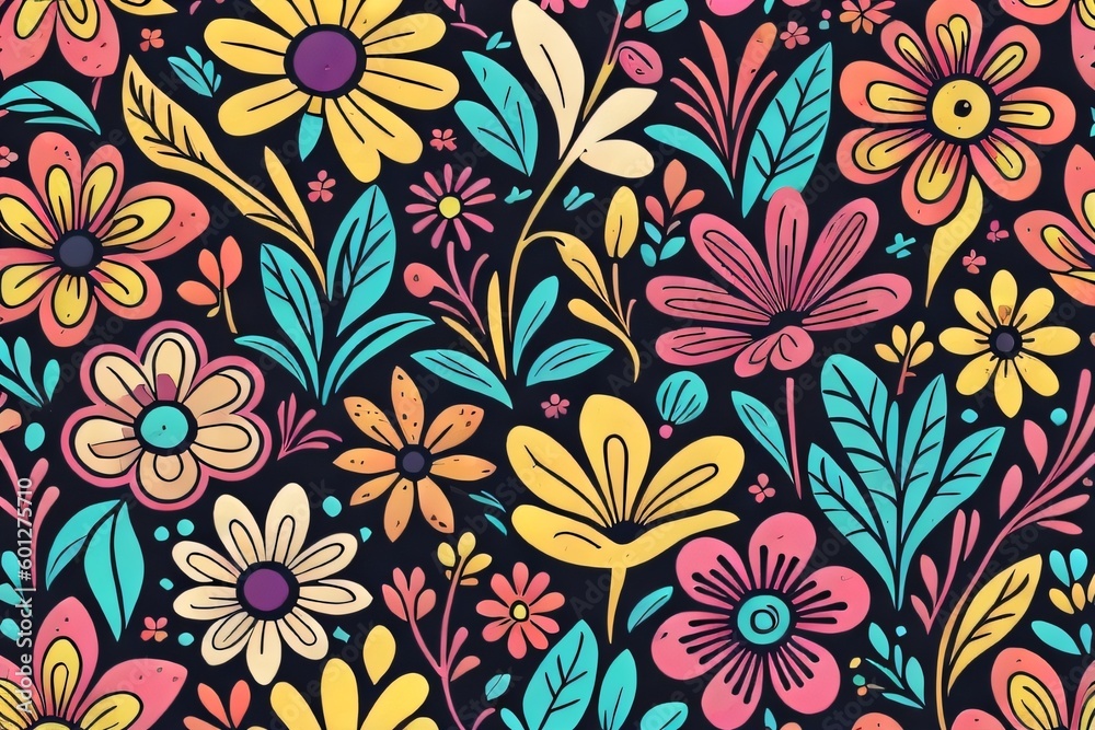 Colorful flower and leaves pattern with black background. Tile floral patterns. Generative ai