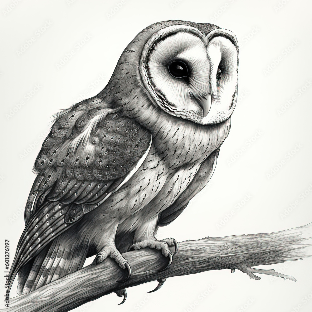 Black and White Drawing of a Barn Owl - AI Generated Stock Illustration ...