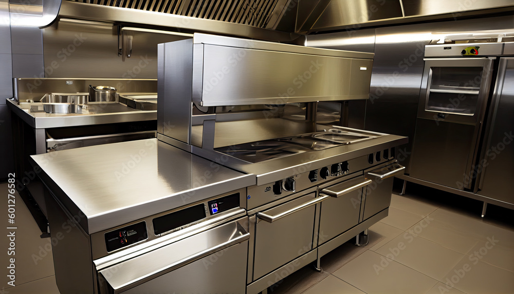 Professional kitchen, view counter in stainless steel. Generative AI Professional kitchen, view counter in stainless steel. Generative AI