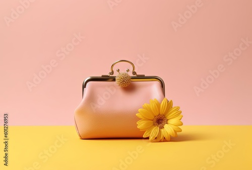 a small pink purse against a yellow background, generative ai photo