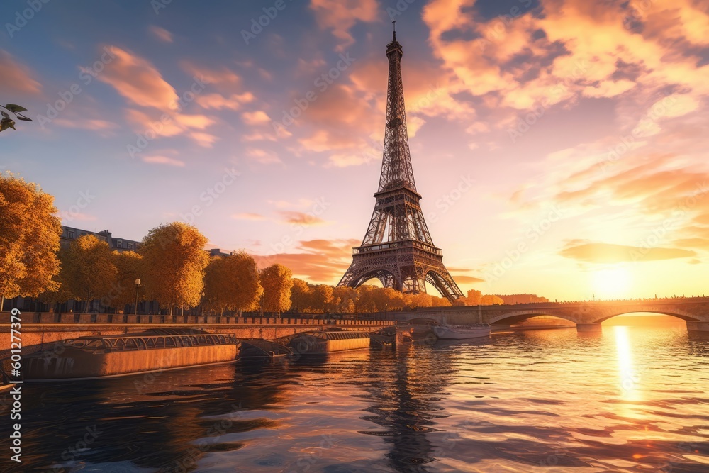 Obraz premium Emblematic Eiffel Tower Amid Twilight in 16:9 Aspect Ratio, Mesmerizing Parisian Monument, Amorous Ambiance, Astonishing Urban Panorama, Auriferous Hour Imagery, Generative AI Illustration