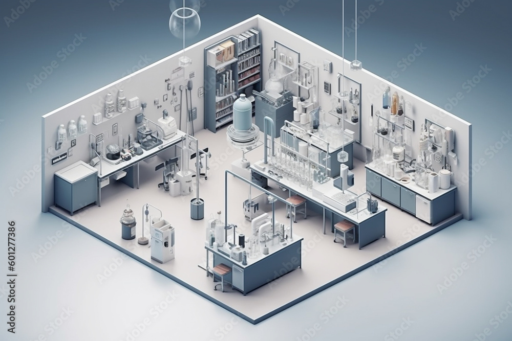 Chemistry lab, 3d rendering, illustration. Isometric view. Generative AI Chemistry lab, 3d rendering, illustration. Isometric view. Generative AI