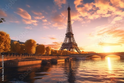 Emblematic Eiffel Tower Amid Twilight in 16:9 Aspect Ratio, Mesmerizing Parisian Monument, Amorous Ambiance, Astonishing Urban Panorama, Auriferous Hour Imagery, Generative AI Illustration photo
