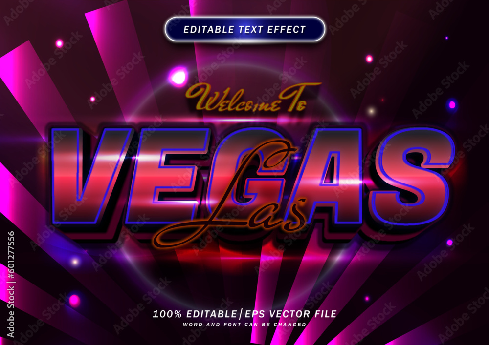 3d Luxury Welcome to Las Vegas text effect. Neon Font style Editable. mockup text effect