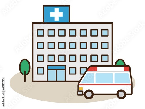 病院と救急車のイラスト