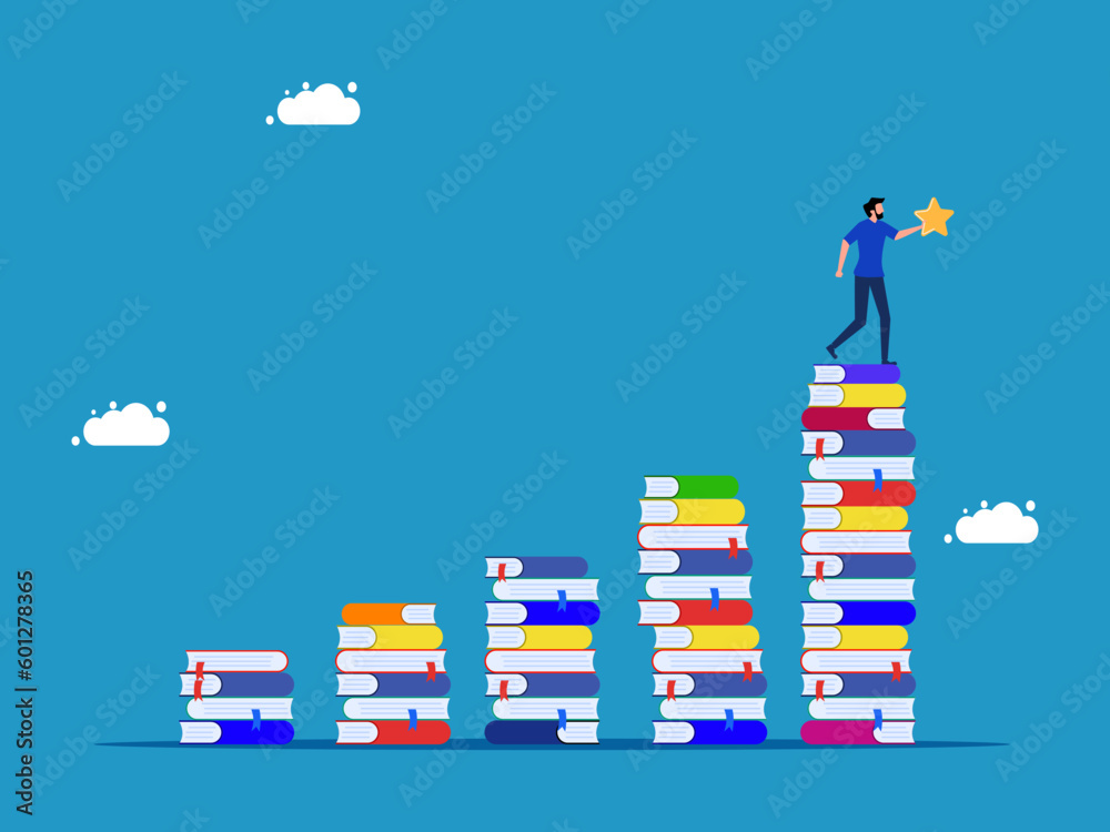 Educational success or success sequence of learning. man holding a star on a pile of books growing up vector