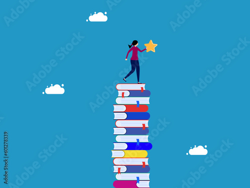 Knowledge creates success in life. woman on high pile of books with stars vector