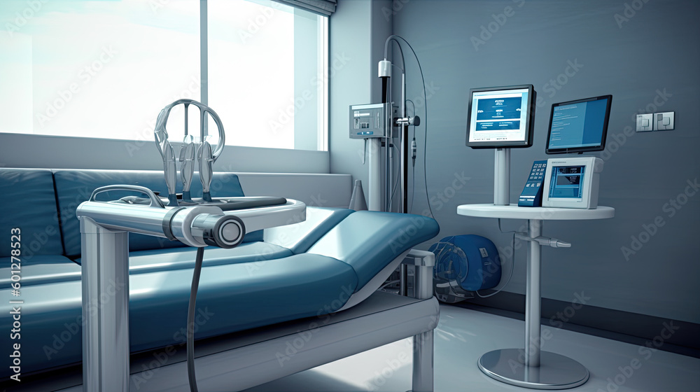 Futuristic blue Office chair for donating blood or vaccination of the population Futuristic blue Office chair for donating blood or vaccination of the population