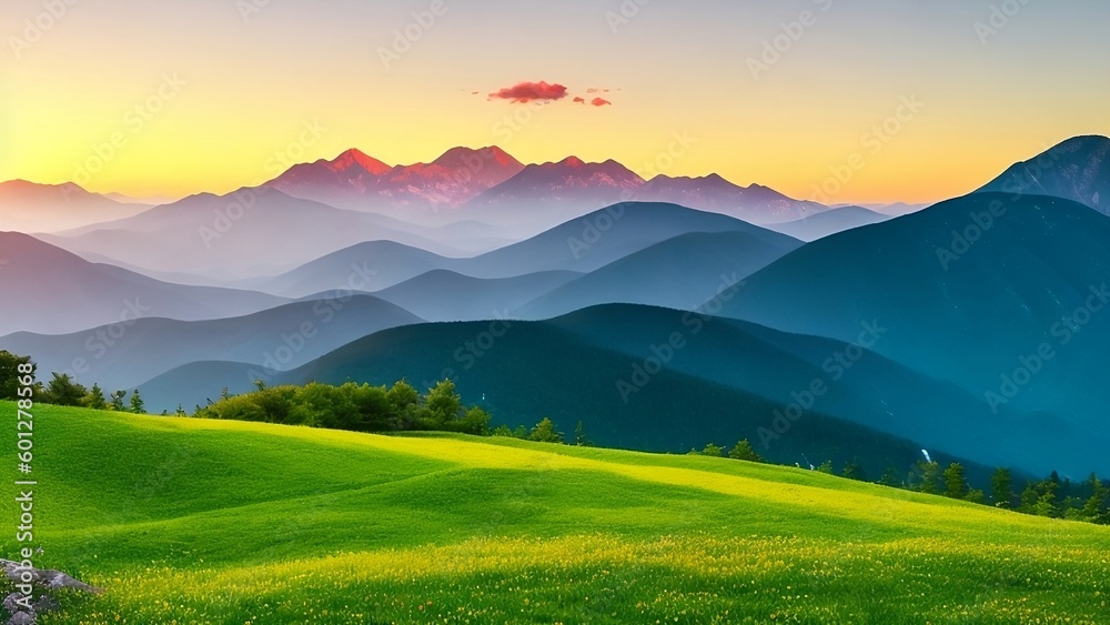 Beautiful green hill with mountains background