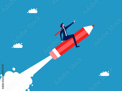 Business development. Businessman leader flies with a pencil vector