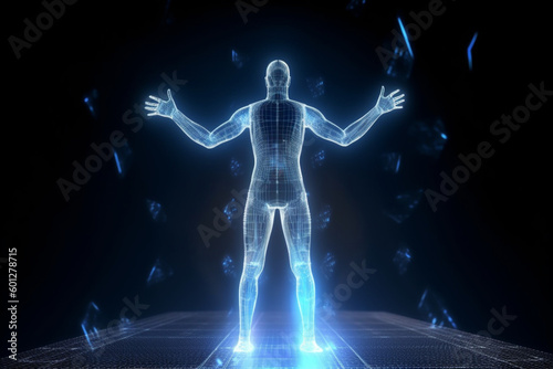 3D hologram of a man on technology background,