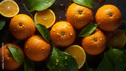 Fresh ripe oranges with water drops background. Fruits backdrop. Generative AI