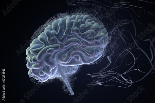 3D human brain with swirls in an abstract digital environment,