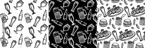 Street Food Seamless Pattern set. Wrapping paper design. Yellow engraving style illustrations of burger and beer. EPS10 vector illustration.