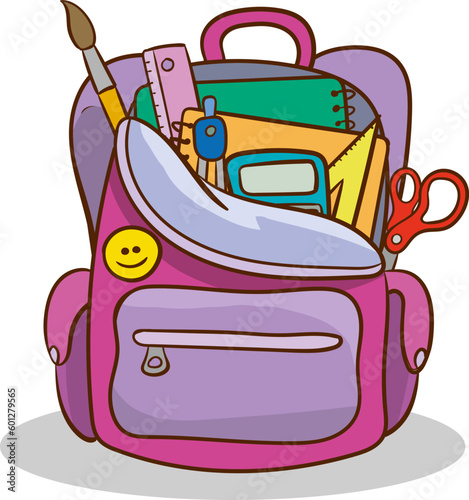 Open vector bag with school stationery and suplies. Back to school illustration