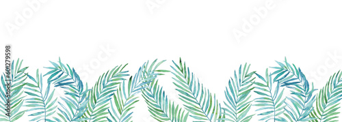 水彩画。水彩タッチの緑の南国植物。南国風葉っぱベクターイラスト。Watercolor painting. Green tropical plants with watercolor touch. Tropical style leaf vector illustration.