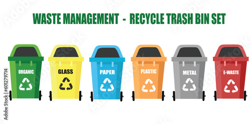 Trash bin vector set isolated on white background. Different trash bin collection for waste sorting: paper, glass, organic, e-waste, metal, plastic. Recycled waste. 