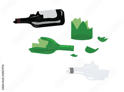 Broken bottle set vector. Broken glassware flat vector. Broken glass vector set. Cartoon style. Glass waste.