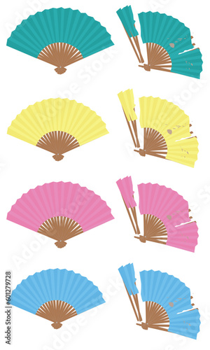 Hand paper folding fan vector set isolated on white background. Tranditional paper fan in diferent colors. Cooling tool. Souvenir item.