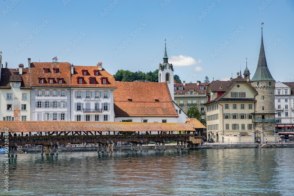 View of the river, architecture and the center of the old city of Lucerne Switzerland