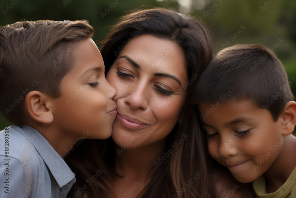 Hispanic mother and children kissing and hugging