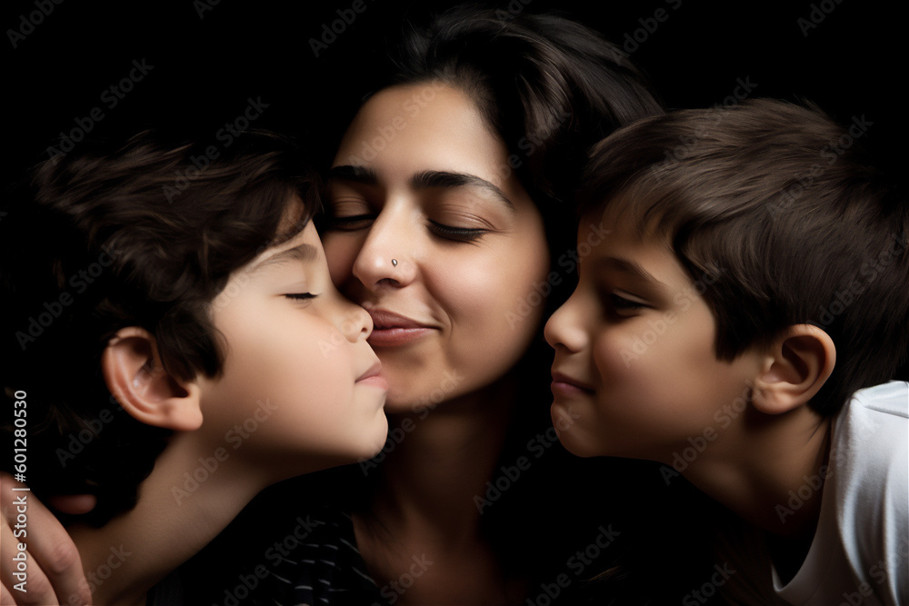 Hispanic mother and children kissing and hugging on a black background