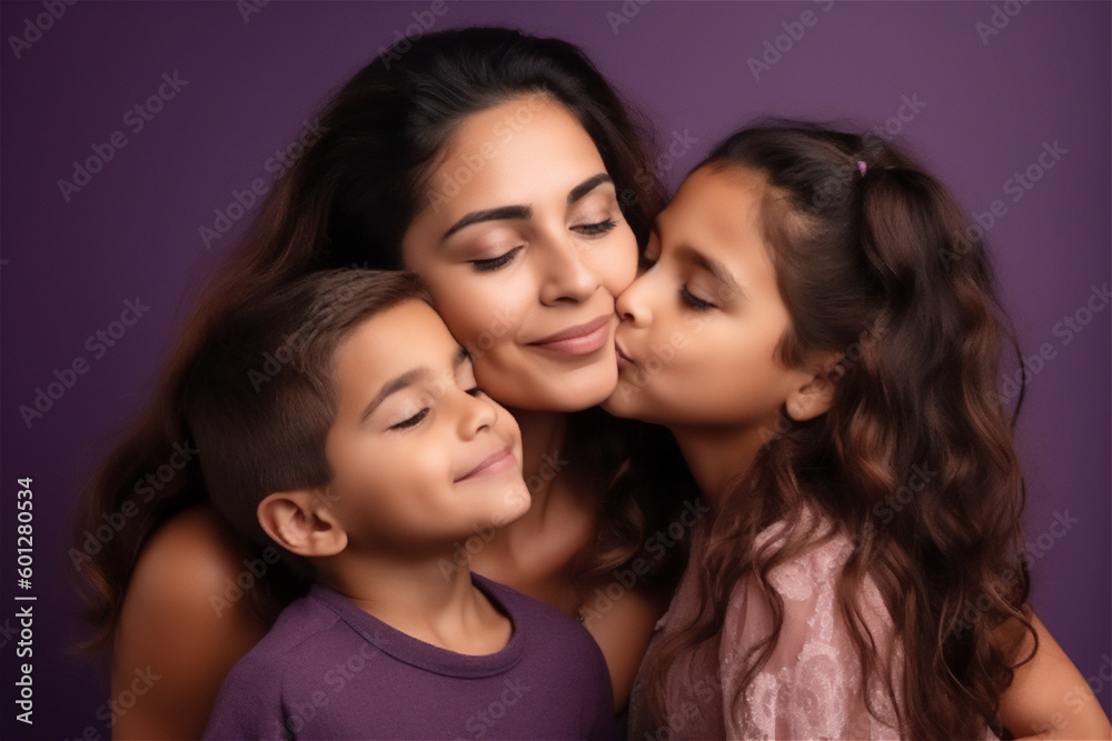 Latinx mid woman and children kissing and hugging on a violet background Latinx mid woman and children kissing and hugging on a violet background