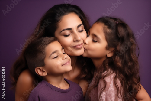 Latinx mid woman and children kissing and hugging on a violet background
