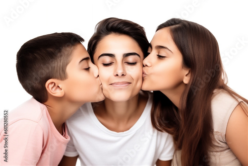 Hispanic mother and children kissing and hugging on a white background