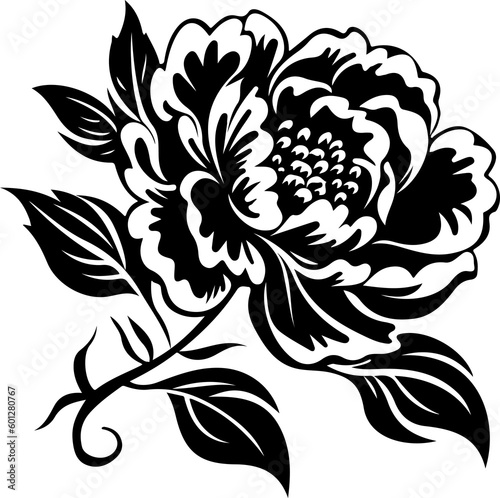 Peony flower   black sillouette  lines thick and connected