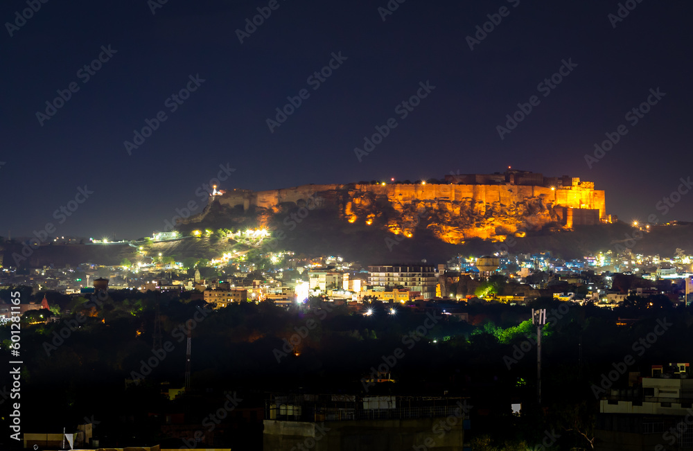 mehrangarh fort with city night landscape view with lights at night