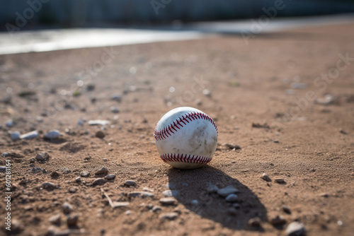 A baseball lies on the gravel outside the dugout prior to a minor league game,
