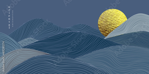 Asian background ,Oriental Chinese and Japanese style abstract pattern background design with line mountain decorate in water color texture