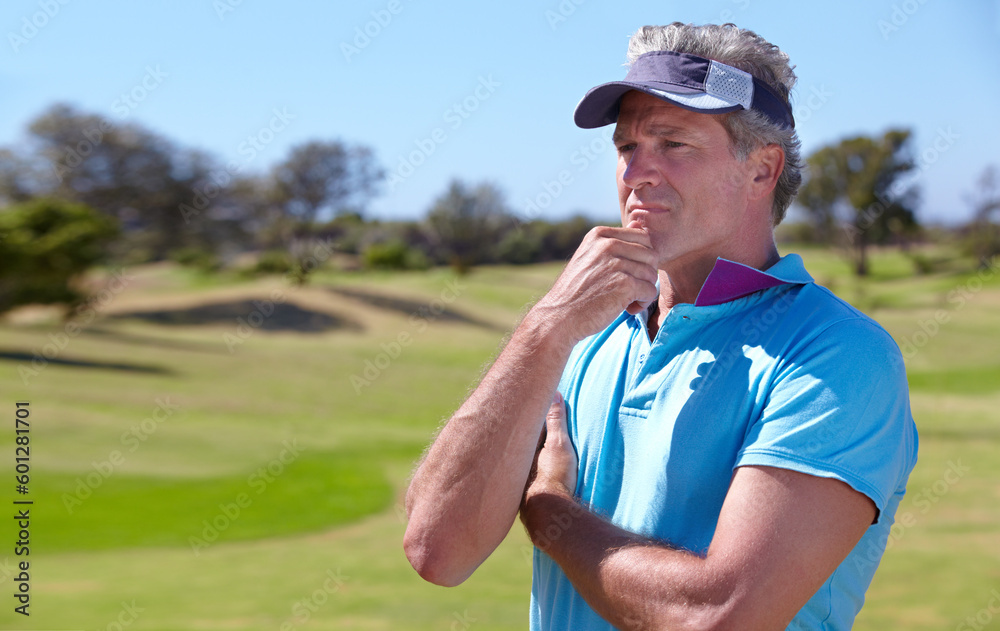 Man, thinking and strategy for golf on grass with vision, ideas and outdoor for sports, exercise or contest. Senior male golfer, decision and planning for game, competition or workout with sport Man, thinking and strategy for golf on grass with vision, ideas and outdoor for sports, exercise or contest. Senior male golfer, decision and planning for game, competition or workout with sport